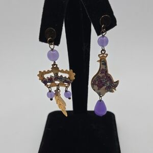Lebole Asymmetrical Purple Crown & Bird Dangle Earrings